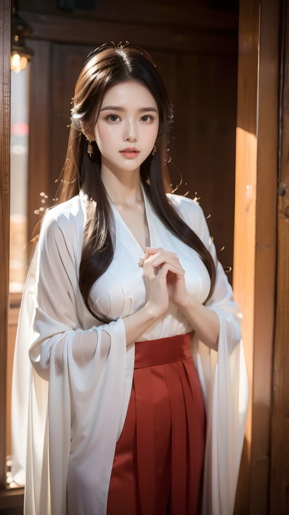 (masterpiece, best quality:1.2),1girl,Hanfu,front，Standing，（whole body：1.5），Dynamic poses，Bright eyes，Bright Eyes，Put your hands on your chest，