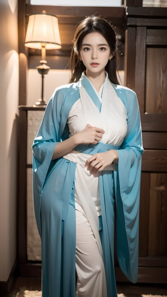 (masterpiece, best quality:1.2),1girl,Hanfu,front，Standing，（whole body：1.5），Dynamic poses，Bright eyes，Bright Eyes，Put your hands on your chest，