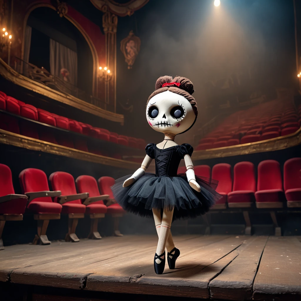 (knitted toy voodoo doll:1.2), (Voodoo Dark Ballerina:1.3), (clothes Black ballet dress, broken pointe shoes, wrapped in fog:1.0), (in the background Abandoned theater, stage in the web, old scenery:1.3), best quality, masterpiece, detailed soft oil painting, detailed background, dramatic cinematic lighting, soft edge lighting, professional, dramatic lighting, hard edge lighting, ultra quality, 4k, masterpiece, best quality, 8k, ultra high definition, high resolution, extremely detailed
