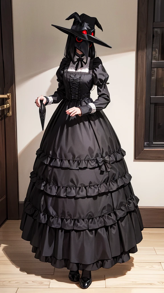 Full body, plague doctor mask, 19th century, adult female, classic maid, beautiful hair, straight black hair,