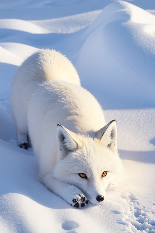 Snow fox lying on the snow