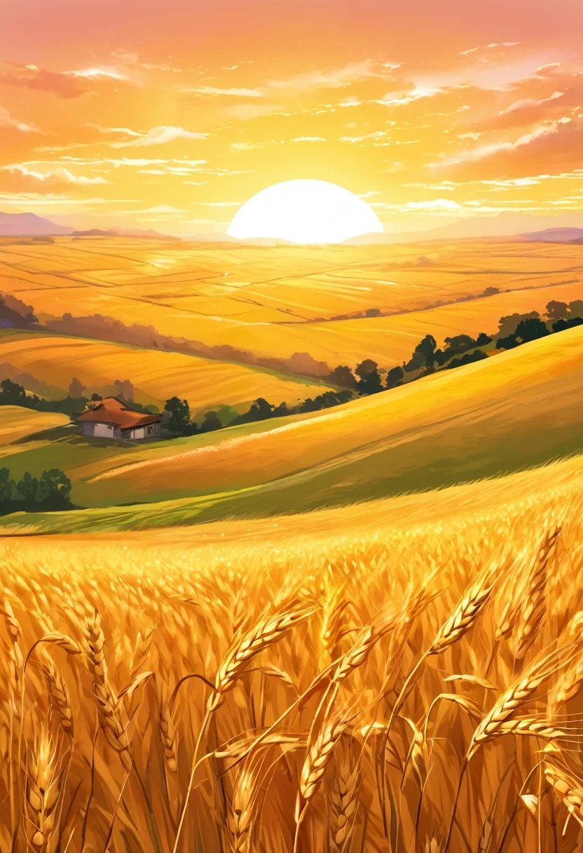 from far, with epic view, wheat meadow, at sun set, manga style, digital art, by Marshall Arisman, cover illustration, 70mm, 7 0 mm, 70 mm, book cover illustration, by Brigette Barrager, album cover, novel cover art for a book, art concept for a book cover, cover art, 7 feet tall,