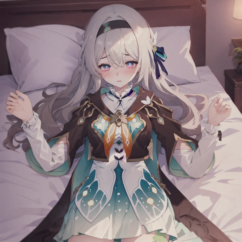 1 girl, firefly \(Honkai: Star Rail\), alone, black thighs, headband, gradient skirt, hair accessories, Women's blouses, pleated neck, Crop Jacket, yellow neckerchief, cowboy shoot, Lie on your back., bed, shy, Blush, raise your arms,