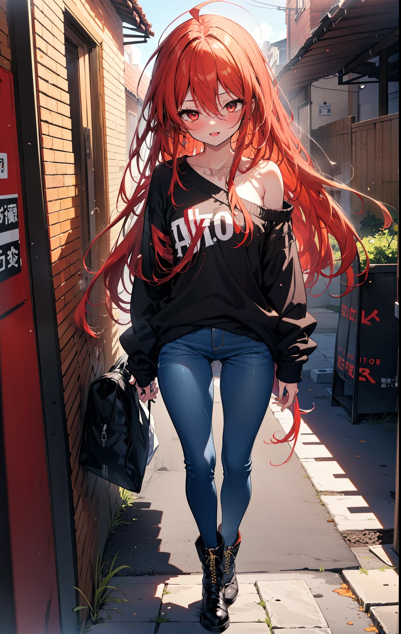 Shana,灼眼のShana,Long Hair, Redhead, Red eyes,Ahoge,happy smile, smile, Open your mouth,One-shoulder sweater,Skinny jeans,short boots,Daytime,sunny,walking,whole bodyがイラストに入るように, break outdoors, construction area, break looking at viewer, whole body, break (masterpiece:1.2), Highest quality, High resolution, unity 8k wallpaper, (shape:0.8), (Beautiful attention to detail:1.6), Highly detailed face, Perfect lighting, Highly detailed CG, (Perfect hands, Perfect Anatomy),