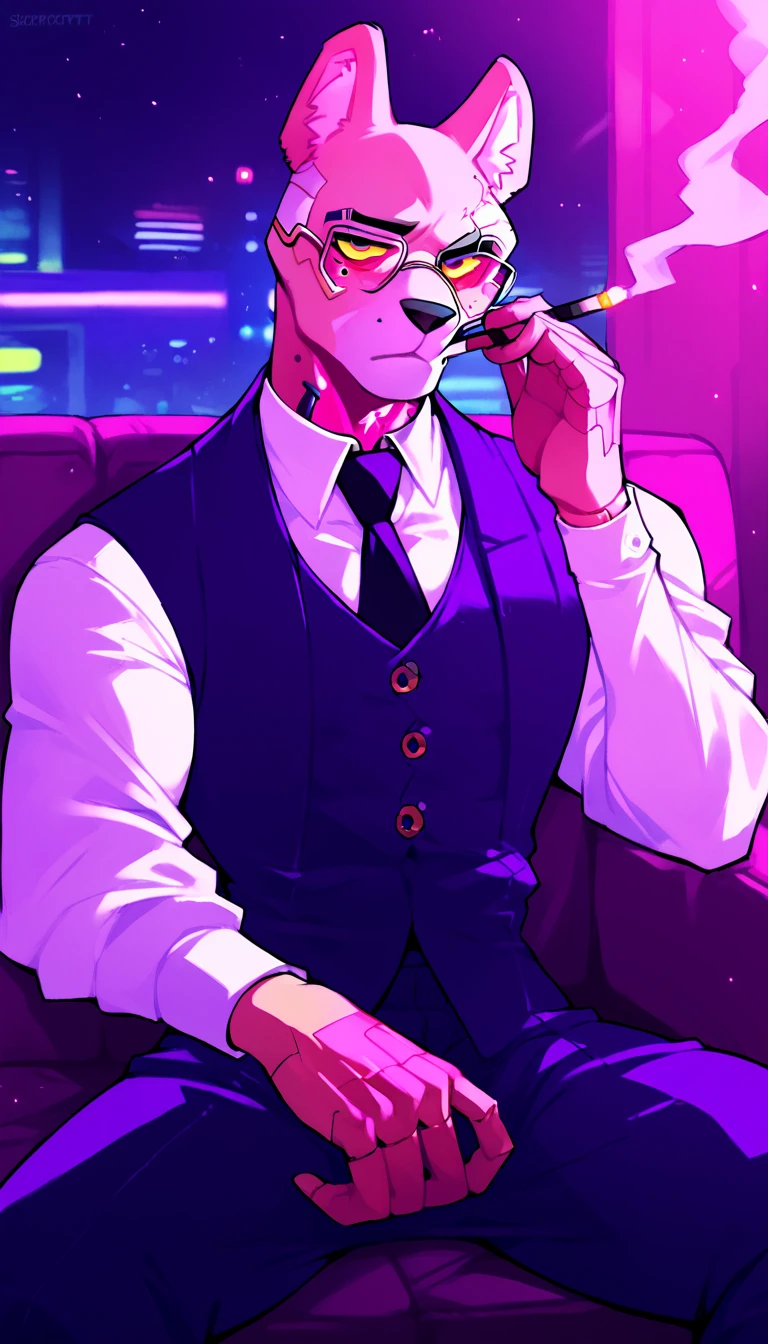 score_9, score_8_up, score_7_up, (cyberpunk city, night room, luxury apartment, security guards on background:1.5),
((mole:1.2), anthro, solo, male, sitting in an armchair, (smoking cirage:1.2), ((wearing business suit, mafia mole boss)), (blind, glasses), scars, bald head, beautiful, (wears cyberpunk additions, without an eyes:1.5)