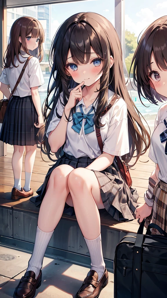 long hair, looking at viewer, blush, smile, bangs, blue eyes, multiple girls, skirt, brown hair, shirt, black hair, short sleeves, brown eyes,  long hair, sitting in sundown seashore, white polo shirt, pleated skirt, outdoors, open clothes, shoes, day, socks, striped, collared shirt, hand up, (3girls:1.4), bag, plaid, kneehighs, nose blush, plaid skirt, brown footwear, flying sweatdrops, loafers, grey skirt, school bag, diagonal stripes, 