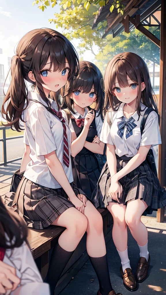 long hair, looking at viewer, blush, smile, bangs, blue eyes, multiple girls, skirt, brown hair, shirt, black hair, short sleeves, brown eyes, long hair, sitting in sundown seashore, white polo shirt, pleated skirt, outdoors, open clothes, shoes, day, socks, striped, collared shirt, hand up, (3girls:1.4), bag, plaid, kneehighs, nose blush, plaid skirt, brown footwear, flying sweatdrops, loafers, grey skirt, school bag, diagonal stripes,