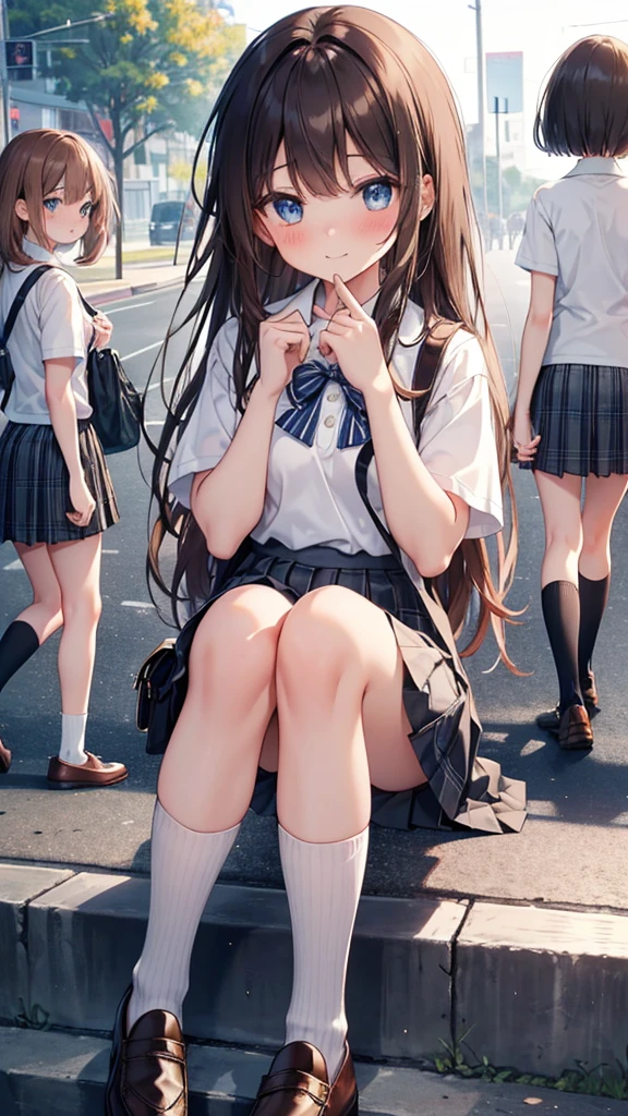 long hair, looking at viewer, blush, smile, bangs, blue eyes, multiple girls, skirt, brown hair, shirt, black hair, short sleeves, brown eyes,  long hair, sitting in sundown seashore, white polo shirt, pleated skirt, outdoors, open clothes, shoes, day, socks, striped, collared shirt, hand up, (3girls:1.4), bag, plaid, kneehighs, nose blush, plaid skirt, brown footwear, flying sweatdrops, loafers, grey skirt, school bag, diagonal stripes, 