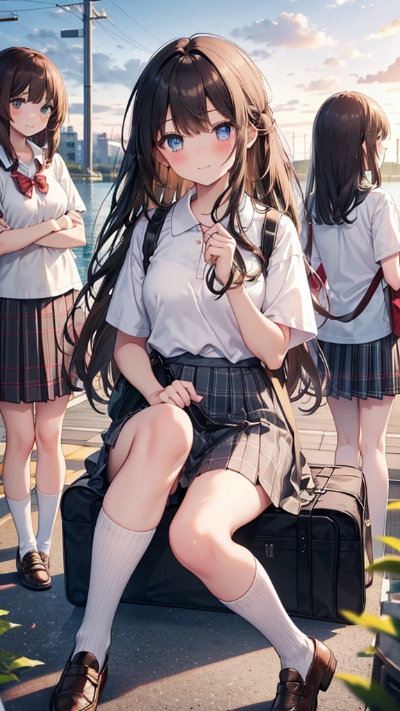 long hair, looking at viewer, blush, smile, bangs, blue eyes, multiple girls, skirt, brown hair, shirt, black hair, short sleeves, brown eyes,  long hair, sitting in sundown seashore, white polo shirt, pleated skirt, outdoors, open clothes, shoes, day, socks, striped, collared shirt, hand up, (3girls:1.4), bag, plaid, kneehighs, nose blush, plaid skirt, brown footwear, flying sweatdrops, loafers, grey skirt, school bag, diagonal stripes, 
