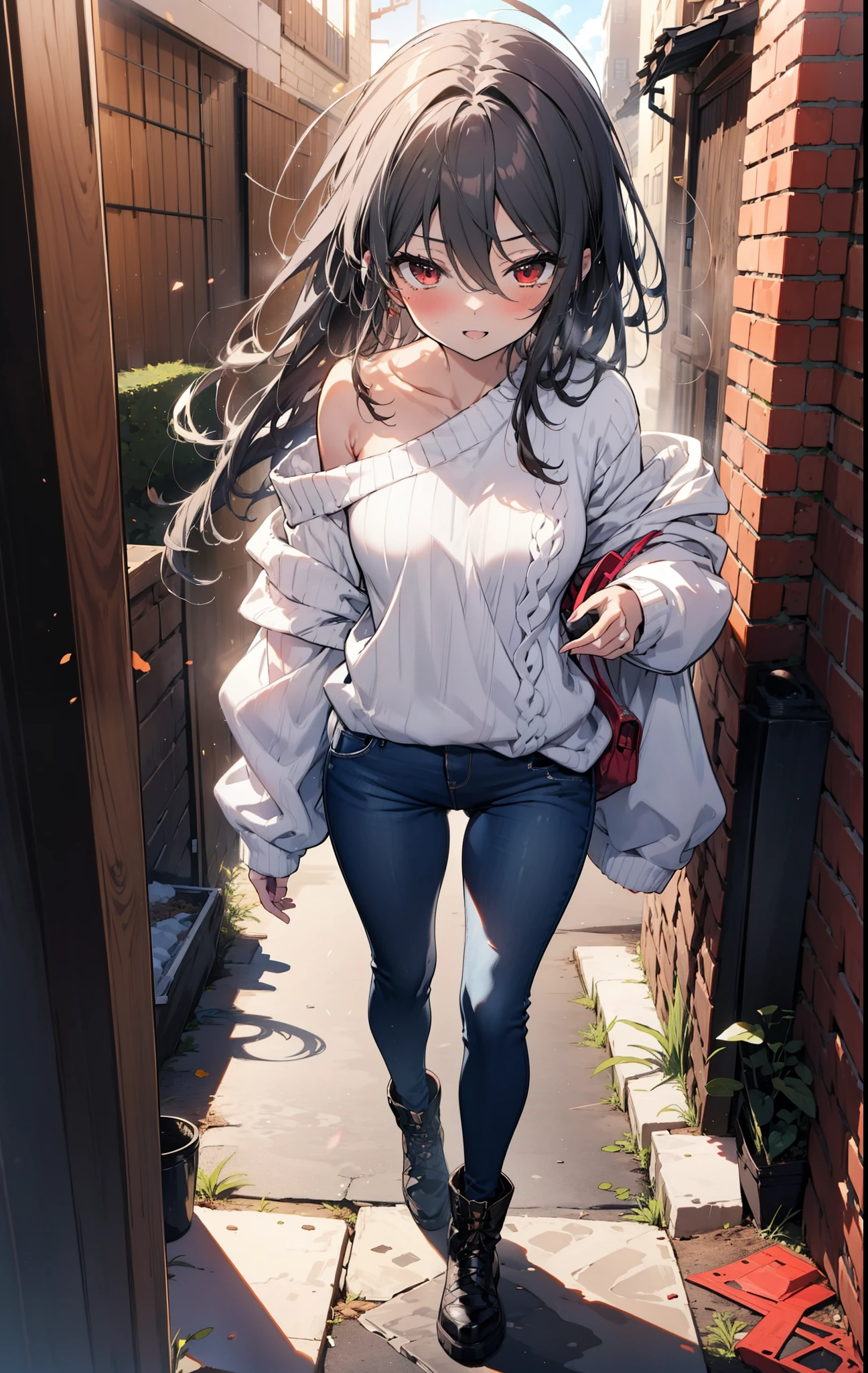 Shana,灼眼のShana,Long Hair, Redhead, Red eyes,Ahoge,happy smile, smile, Open your mouth,One-shoulder sweater,Skinny jeans,short boots,Daytime,sunny,walking,whole bodyがイラストに入るように, break outdoors, construction area, break looking at viewer, whole body, break (masterpiece:1.2), Highest quality, High resolution, unity 8k wallpaper, (shape:0.8), (Beautiful attention to detail:1.6), Highly detailed face, Perfect lighting, Highly detailed CG, (Perfect hands, Perfect ???????),