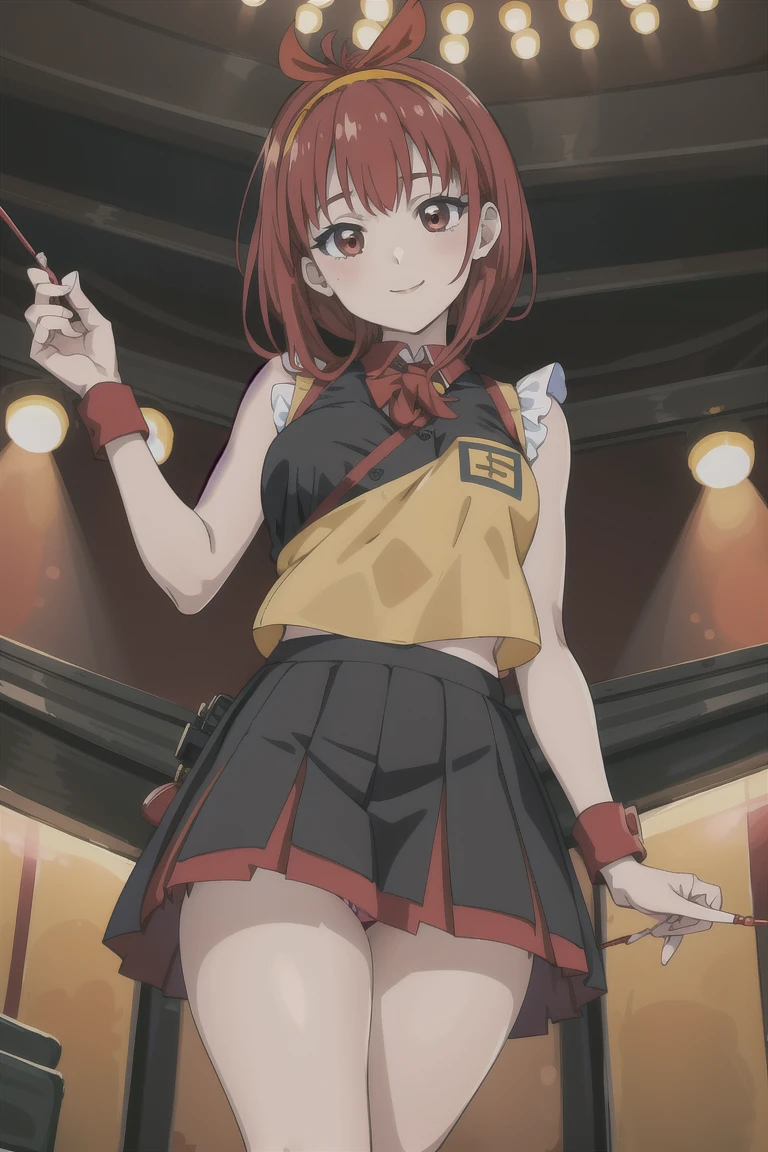 masterpiece, Highest quality, Very detailed ,Shiori Fujisaki、Red Hair、Yellow headband、 Black Skirt, View your audience, Prostitute's Smile, Pleated skirt, Collared shirt, Long sleeve, classroom、Spread your legs、Panty shot、See-through panties