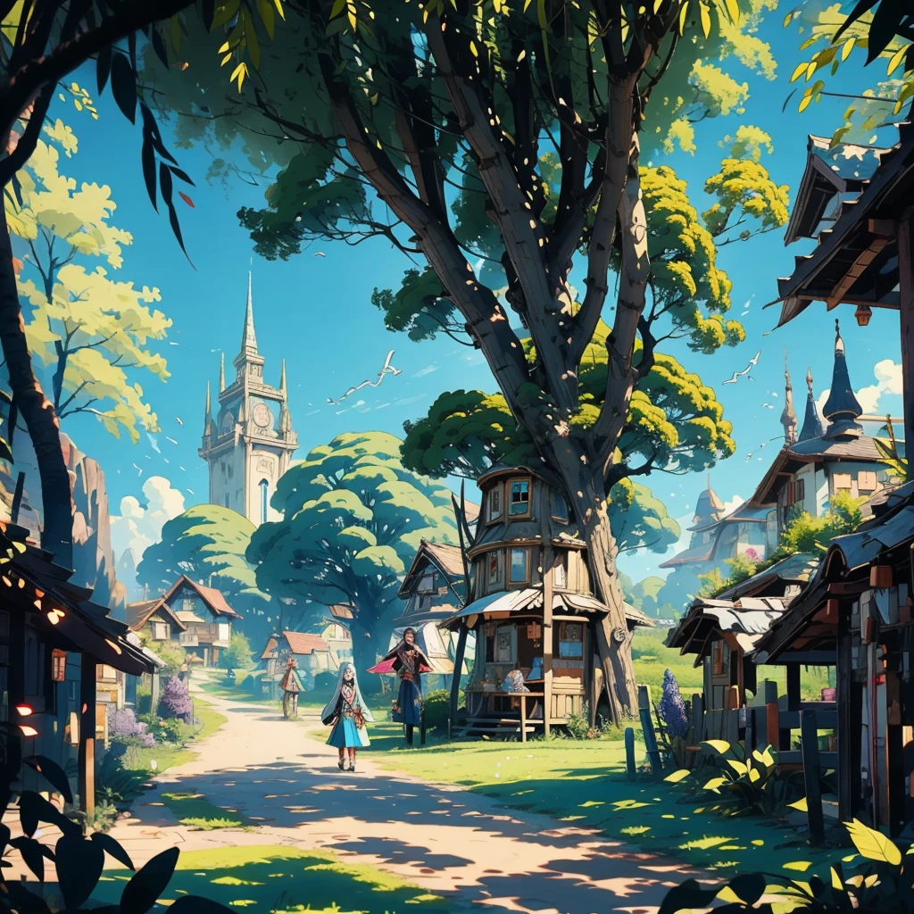 anime style, in ELVEN VILLAGE, long shot, Quaint, tree-integrated homes, pathways lined with lilacs. Elven villagers in the background, going about their daily activities.