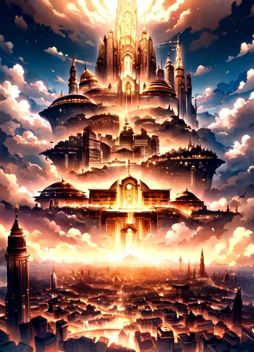 Painting of a city with a castle surrounded by angels flying around, Empyrian City, god々々godの領域, Utopian City, gold gates of heaven!!!!!!!!, Esoteric equation heaven, Heaven on Earth, Breathtaking芸術, Breathtaking, City in the Sky, Apocalypse in the city, City in the clouds, Elaborate dark paint