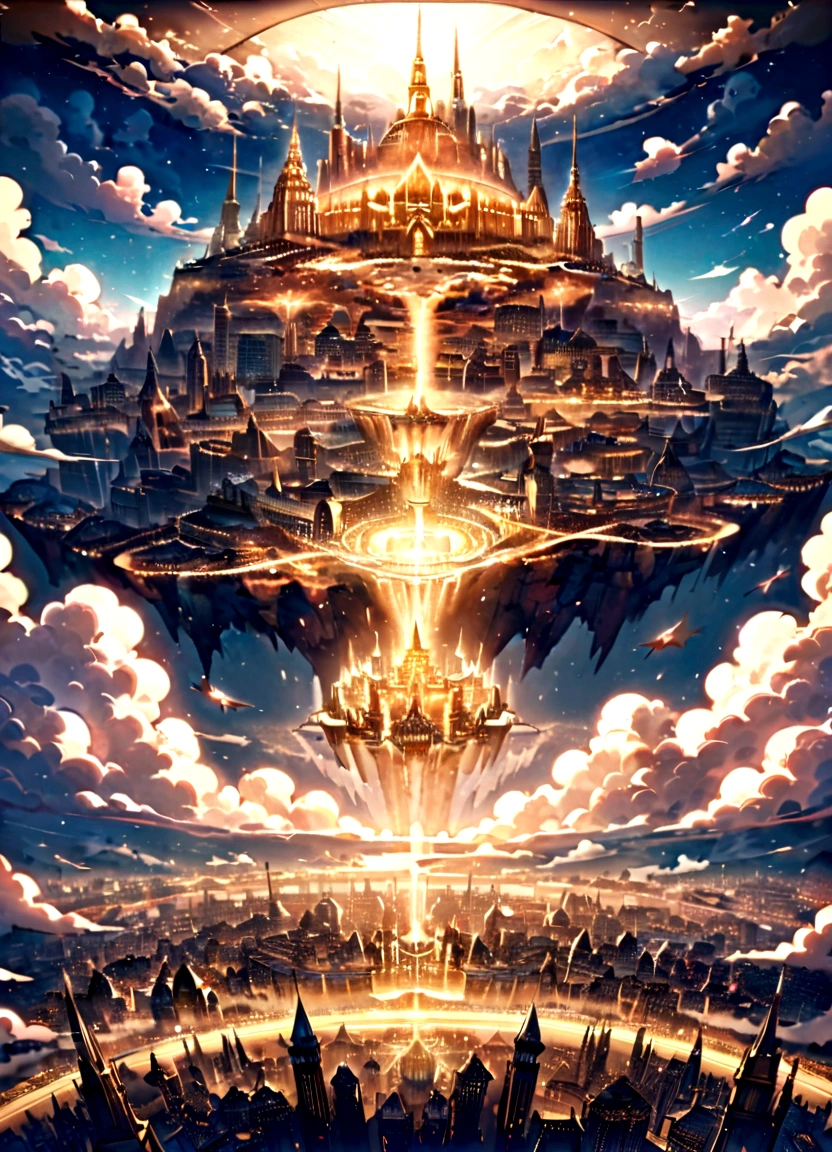 Painting of a city with a castle surrounded by angels flying around, Empyrian City, god々々godの領域, Utopian City, gold gates of heaven!!!!!!!!, Esoteric equation heaven, Heaven on Earth, Breathtaking芸術, Breathtaking, City in the Sky, Apocalypse in the city, City in the clouds, Elaborate dark paint