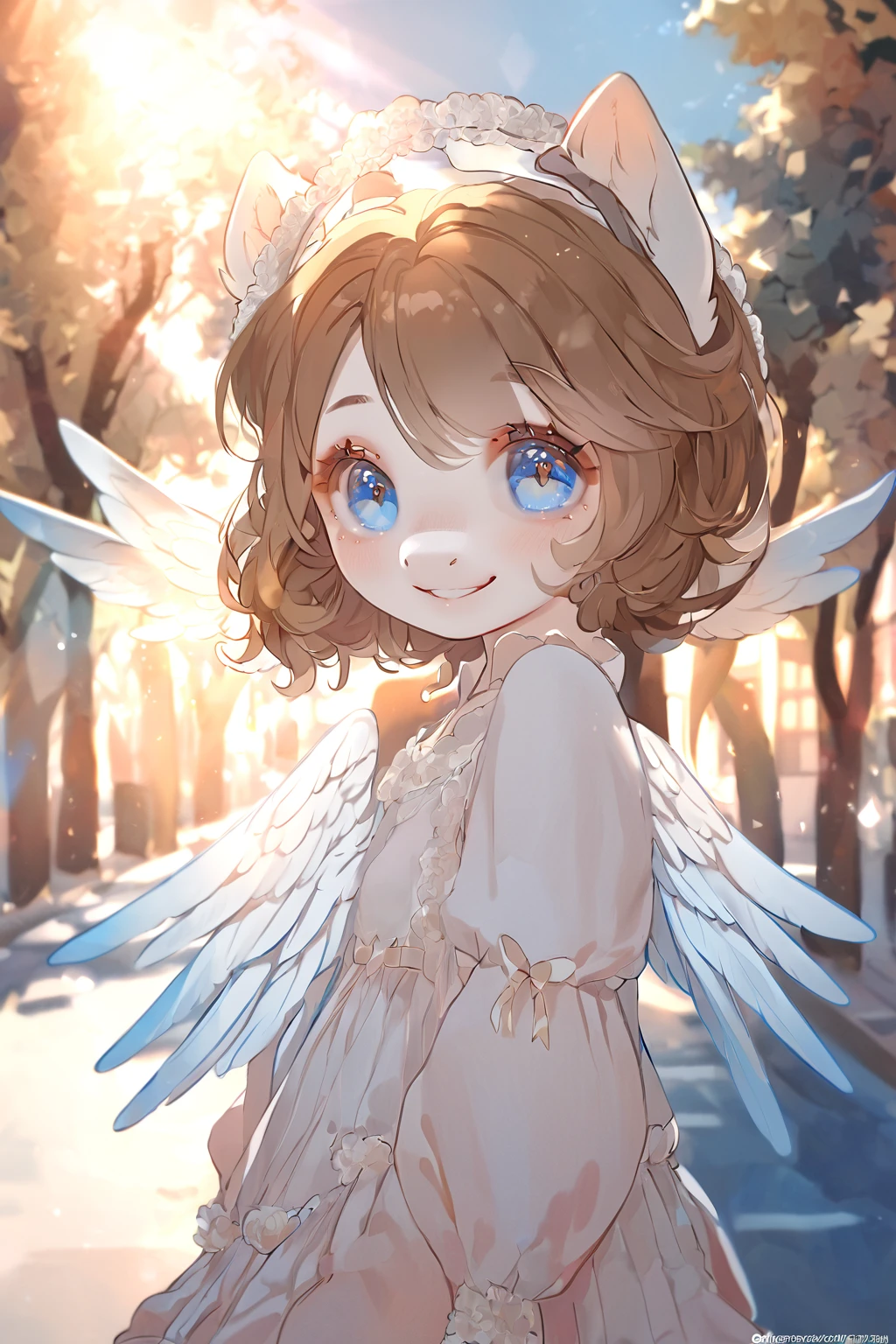 1 girl, CuteStyle, angel wings, furry, pony furry, blue eyes, white fur, brown mane, looks at the viewer, smile, on the street, trees, rays of the sun, detailed, beautiful, delicate tones
