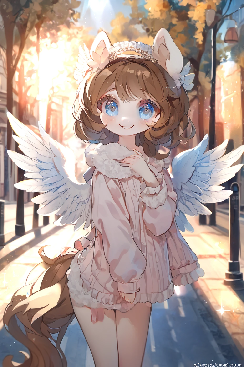 1 girl, CuteStyle, angel wings, furry, pony furry, blue eyes, white fur, brown mane, looks at the viewer, smile, on the street, trees, rays of the sun, detailed, beautiful, delicate tones
