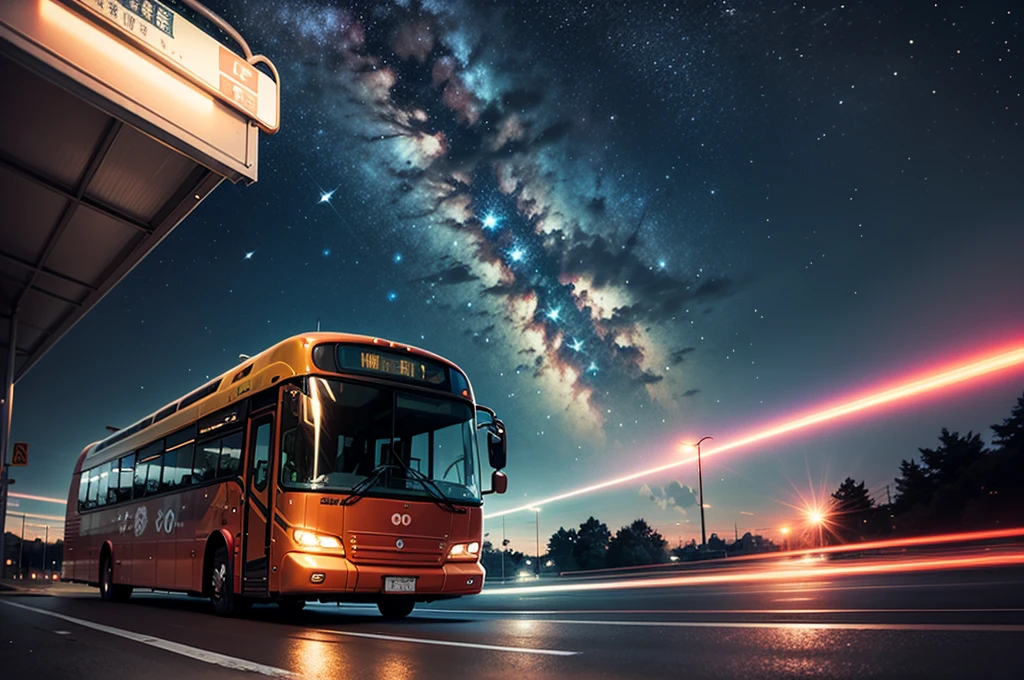 bus stop，comics， bright starry sky. Romantic bus passing through body of water on road，high saturation，Bright colors， Xin Haicheng&#39;s pictures, pure, concept art, Lofi Art style, reflection. author：Xin Haicheng, Lofi Art, Beautiful anime scene, anime scenery, Detailed Landscape—Width 672, Xin Haicheng&#39;s style, Xin Haicheng&#39;s style, Enhance details.