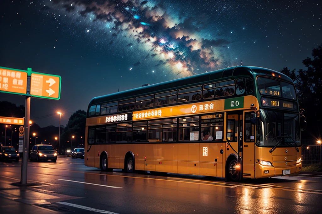 bus stop，comics， bright starry sky. Romantic bus passing through body of water on road，high saturation，Bright colors， Xin Haicheng&#39;s pictures, pure, concept art, Lofi Art style, reflection. author：Xin Haicheng, Lofi Art, Beautiful anime scene, anime scenery, Detailed Landscape—Width 672, Xin Haicheng&#39;s style, Xin Haicheng&#39;s style, Enhance details.