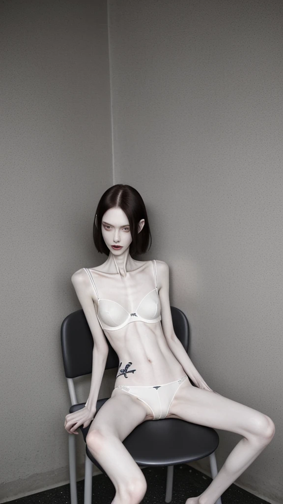 a woman, very thin body, body visible bones, very slender, pale white skin, panties, bra,tatto, full body, has a mental breakdown in an underground prison, sit on chair 