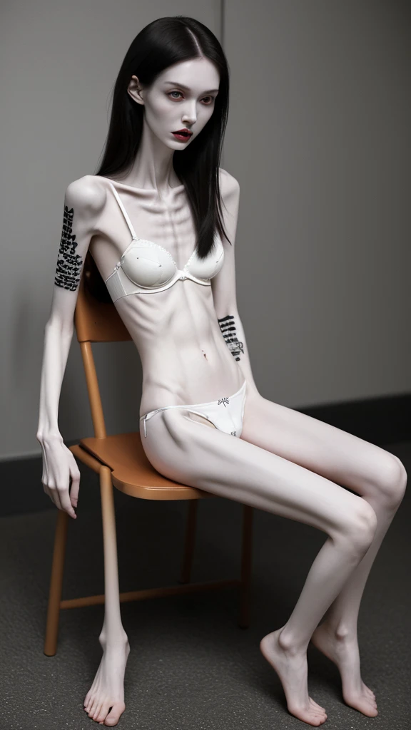 a woman, very thin body, body visible bones, very slender, pale white skin, panties, bra,tatto, full body, has a mental breakdown in an underground prison, sit on chair