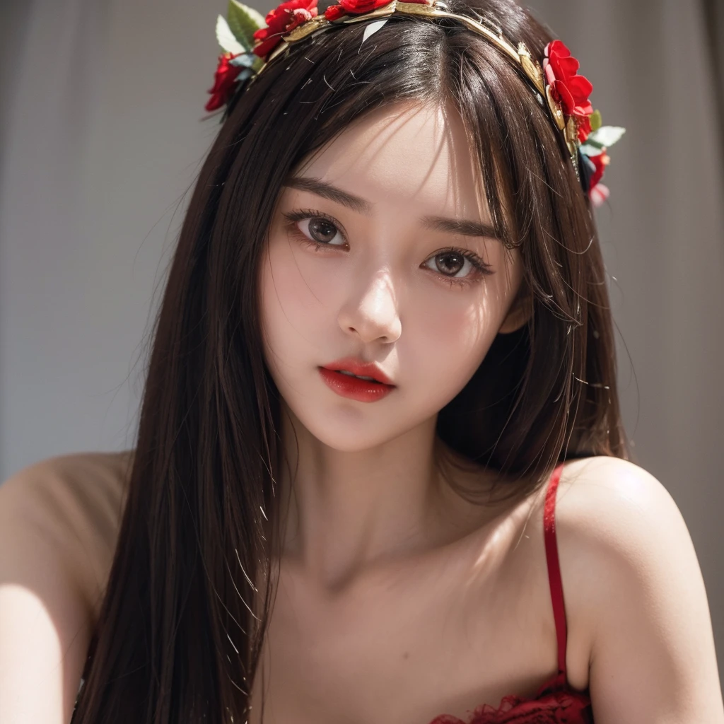 a beautiful young girl with dark red eyes, wearing a thin lace croptop, a flower crown, and featuring a pretty face with detailed features including beautiful eyes, bright red lips with red lipstick, and stylish hair with highlights and bangs, full body, detailed illustration, best quality, ultra highres, vibrant, masterpiece