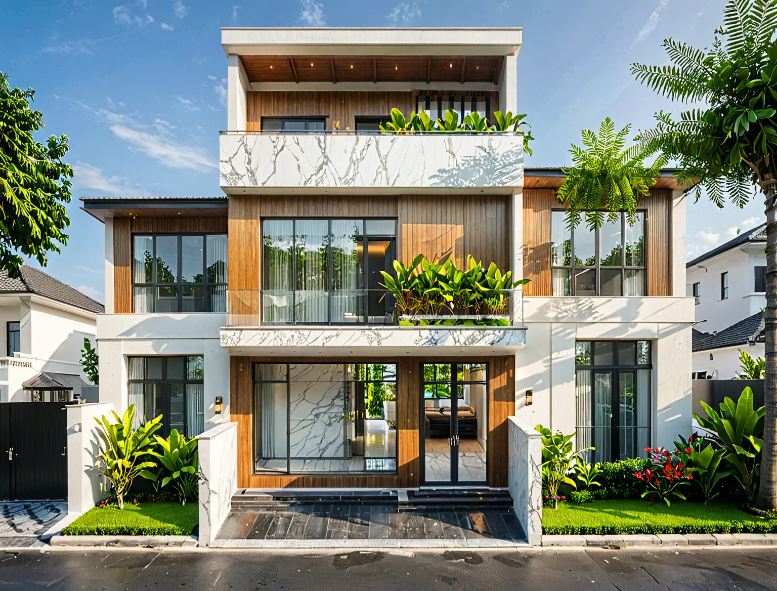 modern villa on street, (daylight), tropical tree, vivid colour, streetcapes, white tone, white wall, large glass door, warm interior lighting, wood and marble, best quality, 17ArchiAI_XL_VL-v1
