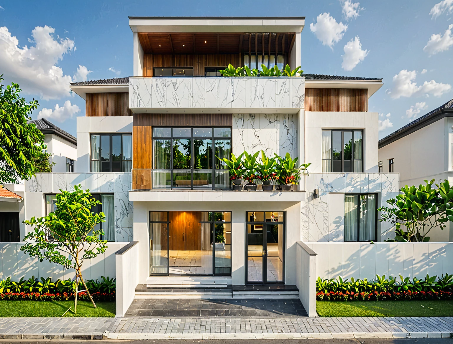 modern villa on street, (daylight), tropical tree, vivid colour, streetcapes, white tone, white wall, large glass door, warm interior lighting, wood and marble, best quality, 17ArchiAI_XL_VL-v1