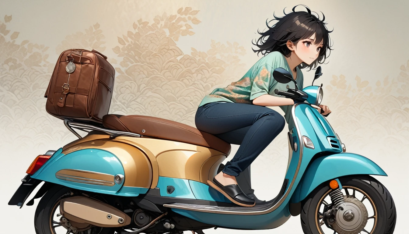 ((8k of extremely detailed CG unit, Masterpiece, high resolution, highest quality, highest quality real texture skin)), (((Driving a Vespa))), ((1 girl)), (Japanese pattern Tシャツ, denim), (Black hair, messy hair, beige skin), (surreal, digital painting)