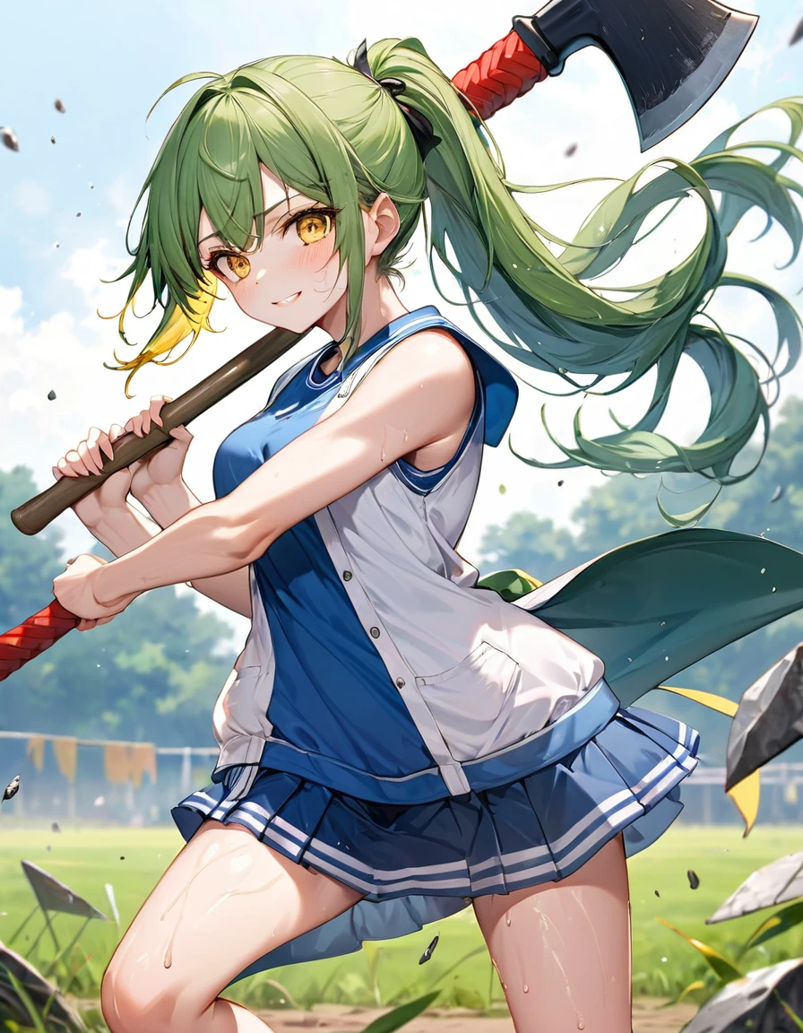 (axe Training style) (both hands holding a detailed big axe), (full body standing fight pose) (15 yo, solo ponytail green hair long hair cute axe fighter girl, serious yellow eyes, sweaty;1.2 skin, soft smile), (in a summer training uniform), break, (in the battle training field), BREAK, perfect anatomy, masterpiece, best quality, 16k, beautiful detailed grow, daydreaming expression.