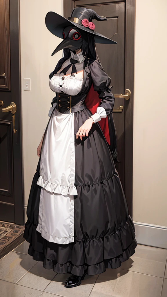 Full body, plague doctor mask, 19th century, adult female, classic maid costume, beautiful hair, straight black hair,