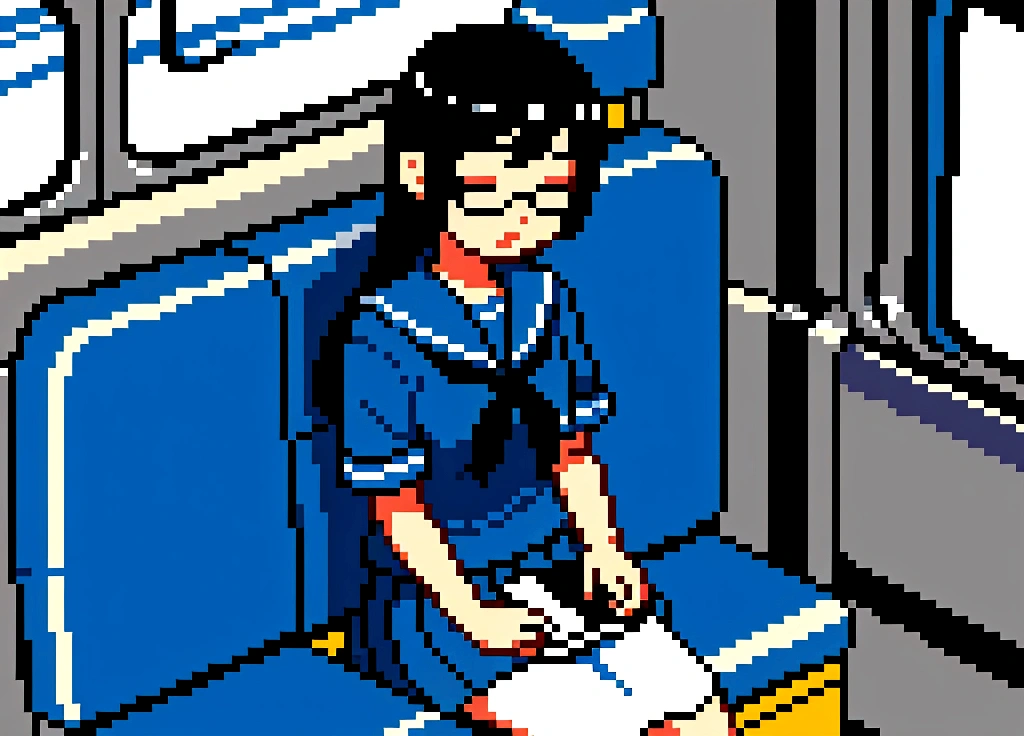 Create 3D Pixar-style cartoon scenes, ,Wearing a sailor uniform,The girl in front of me,Sitting and sleeping on a train.