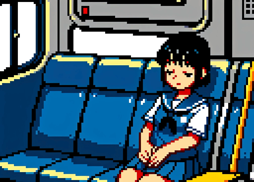 Create 3D Pixar-style cartoon scenes, ,Wearing a sailor uniform,The girl in front of me,Sitting and sleeping on a train.
