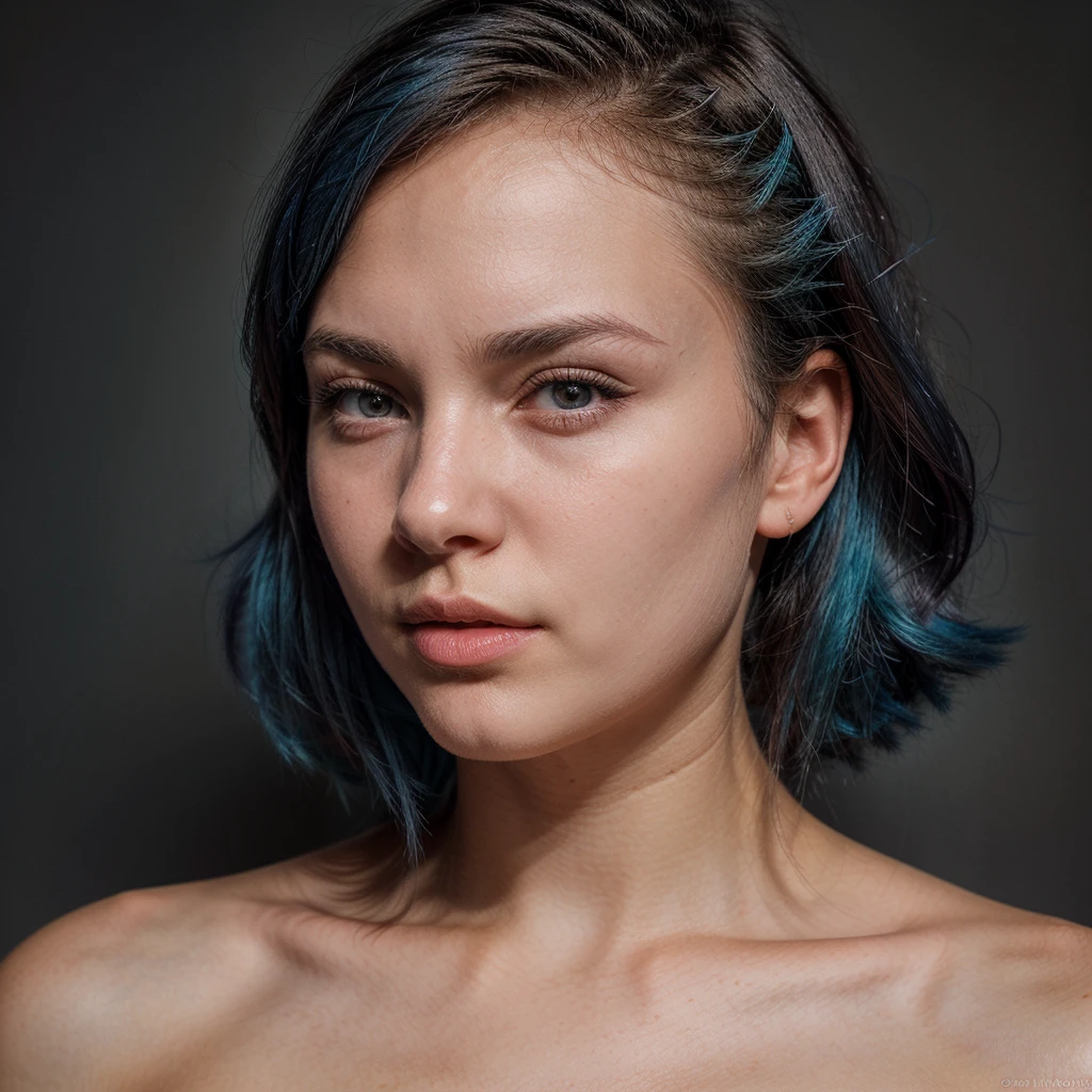 beautiful American girl, (small lips: 1.2), pointed face, sharp features, smooth chin, electric blue hair, shy look, 18 years old girl, ( focus on face, shallow focus:1.2), head and shoulders portrait, 4k, natural lighting, film grain