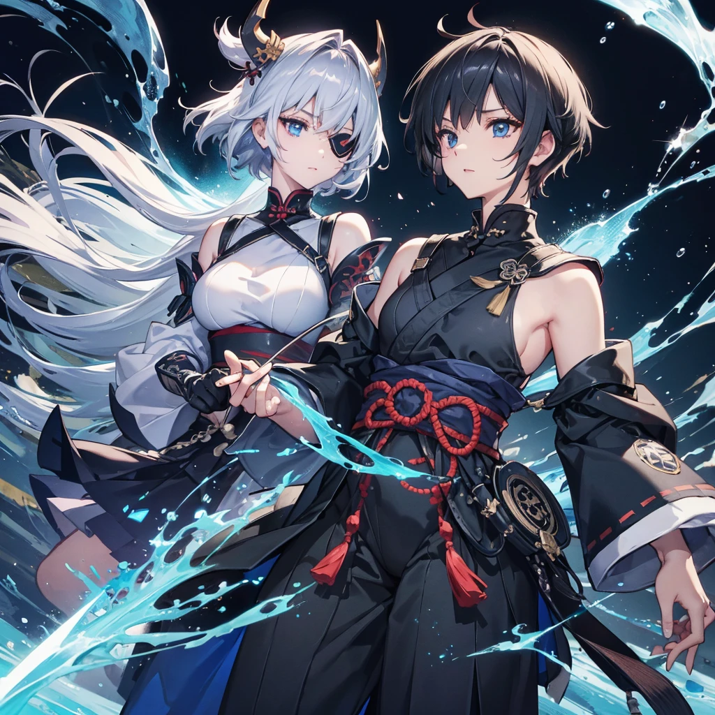 (((1 person　Put on an eye patch　Gray Hair　Qinglong)))　((High resolution　short hair　Black kimono　Shoulder　Rin々Funny face　knifeを胸の前で構える))　((Black Band　samurai　Lonely　despair　blue eyes　Close-up))　((Blue Butterfly　night　Japanese style　old　Shining Aura　garden　water surface　Catch the wind　Distorted Space))　(dance　日本knife　knife　Slashing)　月night　moonlight　star　Draw your sword　Shining Background　Shining Edge
