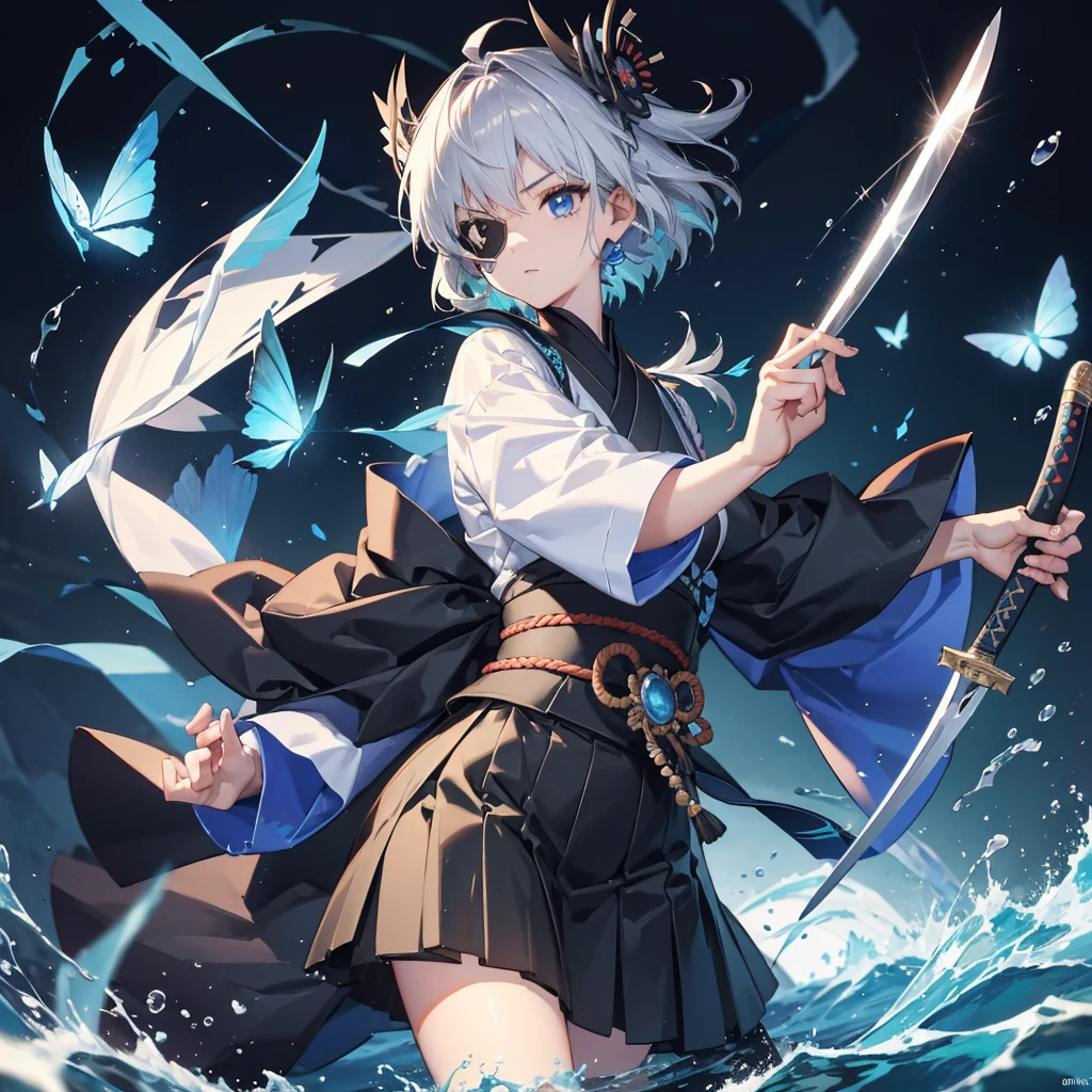 (((1 person Put on an eye patch Gray Hair Qinglong))) ((High resolution short hair Black kimono Shoulder Rin々Funny face knifeを胸の前で構える)) ((Black Band samurai Lonely despair blue eyes Close-up)) ((Blue Butterfly night Japanese style old Shining Aura garden water surface Catch the wind Distorted Space)) (dance 日本knife knife Slashing) 月night moonlight star Draw your sword Shining Background Shining Edge