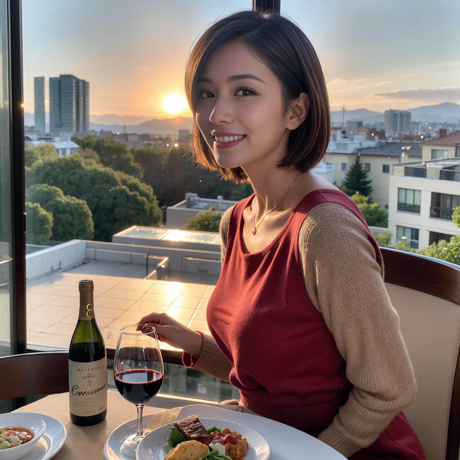 ((Highest quality、8K、masterpiece:1.3))、 (Ultra-realistic、 Genuine、Bright image、Intricate details:1.2), 最高のsmile、1 male、1 female、Beautiful couple、love love love、A lover who resembles Miki Nakatani、Good friends、actress couple、smile、Full-course dinner at a packed table、 (Slim face), (the body is slim), (Brown Hair), (short hair), テーブルのwine glass、Please shine a light on my face、 Amazing view of the sunset sky and clouds、 39 years old, red wine 、Appetizers、Wine bottle、sparkling wine、Long sleeve shirt、dress、White wine, red wine, wine glass, 