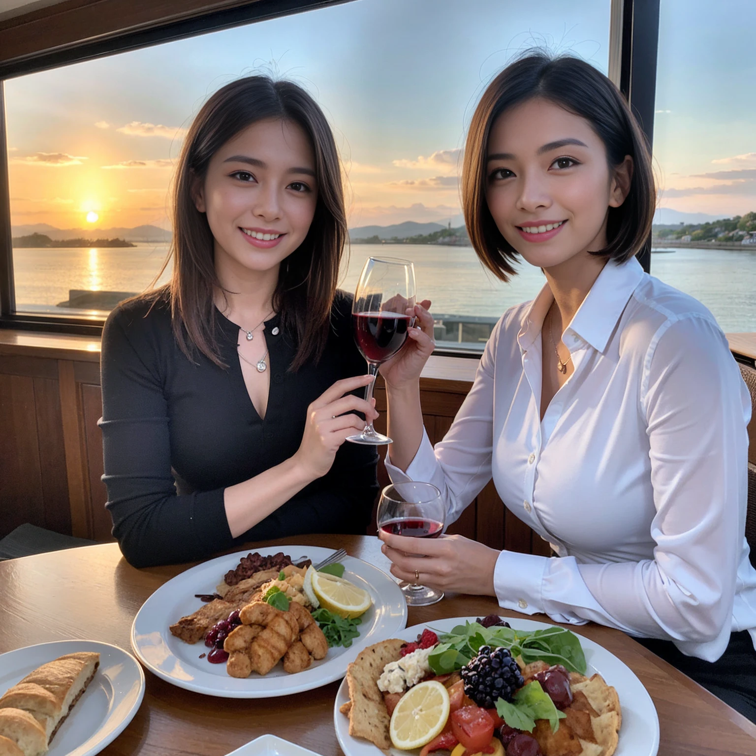 ((Highest quality、8K、masterpiece:1.3))、 (Ultra-realistic、 Genuine、Bright image、Intricate details:1.2), 最高のsmile、1 male、1 female、Beautiful couple、love love love、A lover who resembles Miki Nakatani、Good friends、actress couple、smile、Full-course dinner at a packed table、 (Slim face), (the body is slim), (Brown Hair), (short hair), テーブルのwine glass、Please shine a light on my face、 Amazing view of the sunset sky and clouds、 39 years old, red wine 、Appetizers、Wine bottle、sparkling wine、Long sleeve shirt、dress、White wine, red wine, wine glass, 
