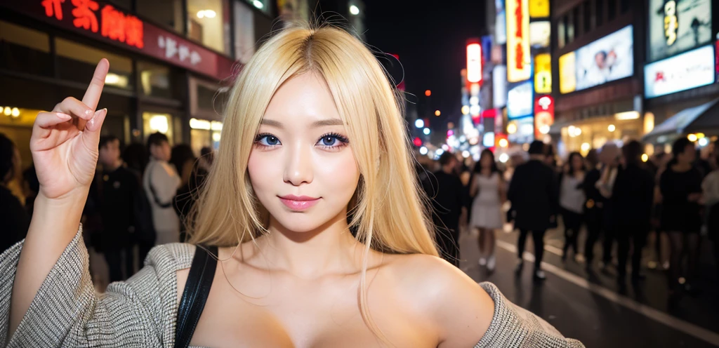 Blonde hair, winking, Shibuya night, heavy makeup