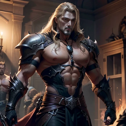 Castlevania battle scene Shadow Lord Ultra-realistic and highly detailed Two lords engaged in fierce battle with demons Ultra-realistic and highly detailed faces Ultra-realistic and highly detailed poses Muscular men Focal scene