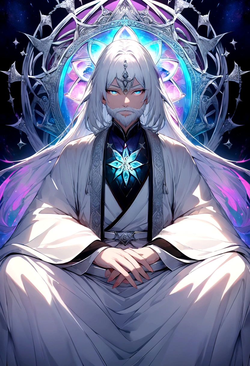 Long white hair，meditation，Has a white beard，Meditate cross-legged，Taoism, Wearing a white robe，Wears a white belt，Magic Aura，Space Background，In the center，Facing the camera，Very bright colors,, Luminescence, Wallpaper Art, Ultra HD Wallpaper