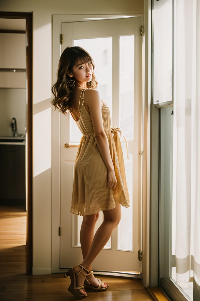 Apartment hallway,Hairdresser,((full body)),((photo)),((best qualtiy, 8K, tmasterpiece:1.3)), Focus:1.2, perfect figure beautiful girl:1.4,1girl,cowboy shot,look at viewer,incredibly absurd, beautiful and cute girl with a photorealistic face, showcasing top-quality craftsmanship, A Japanese woman standing in front of the door to her apartment, 23 years old, short hair, bangs straight above her eyebrows in a simple bang, soft waves, light brown hair, fair skin, clear skin, baby face, round double eyelids, light brown eyes, long upturned eyelashes, small straight nose, small mouth, plump lips, beautiful teeth, dimples, soft skin, , delicate, plump, A-cup small breasts, beige loose silhouette dress, brown sandals, small gold earrings and necklace, cigarette, beautiful girl, pure, soothing, husky voice, calm, curious, laid-back, April
