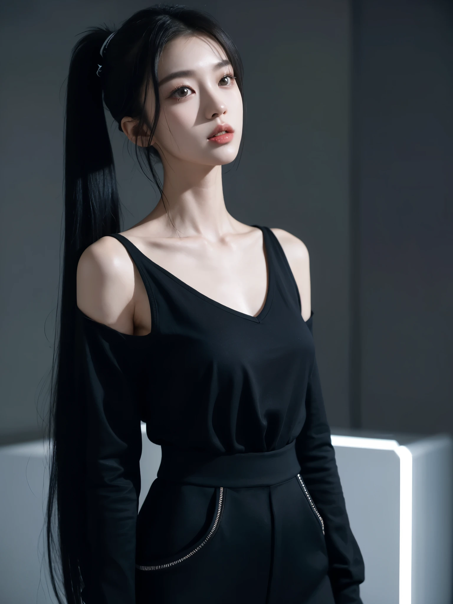 korean model , slim body , 167cm ，Movie Angle，long black ponytails hairstyle, （Cute girl，??????? correct，loose shirt，（ art，geomerty），（plethora of colorest quality，high detal，tmasterpiece，Cinematic lighting effects，4K，Chiaroscuro）