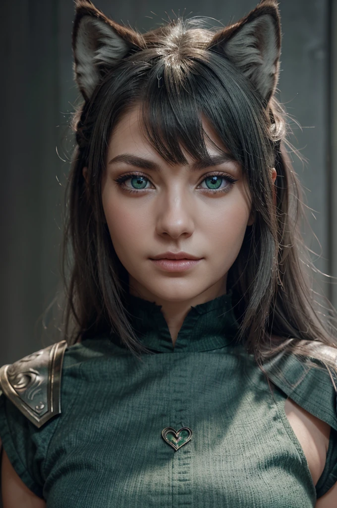 Illustration of the face of a wolf with green eyes looking with a loving gaze at a girl with a karka hairstyle with gray-blue eyes