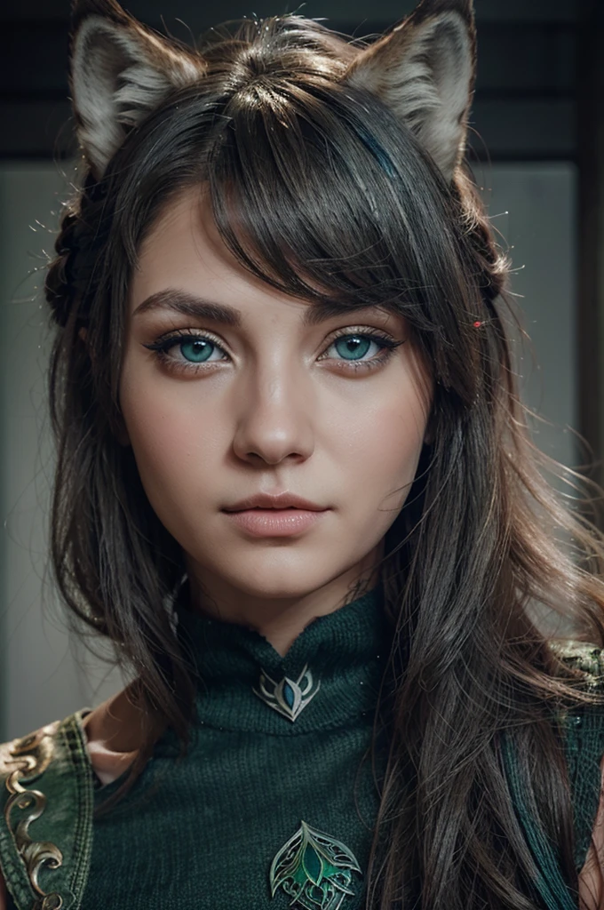 Illustration of the face of a wolf with green eyes looking with a loving gaze at a girl with a karka hairstyle with gray-blue eyes