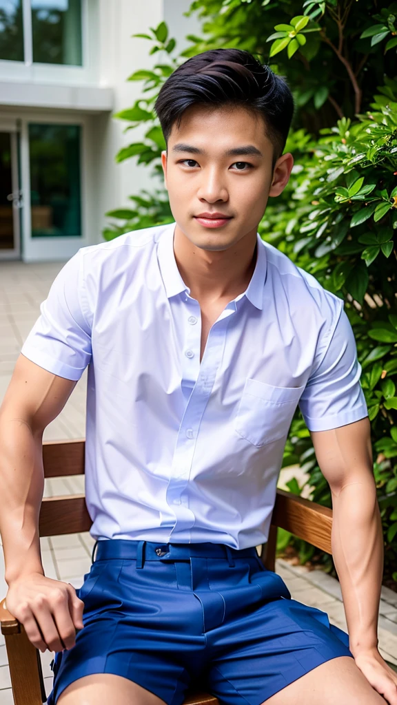 Masterpiece, best quality, High quality, วอลล์เปเปอร์ CG unity 8k ที่มีvery detailed, depth of field, HDR,,photorealistic,very detailed, 1 man sitting on a chair, Asia, black short hair, , (Thai , white shirt), blue cargo shorts, chest muscles, Big arm muscles, blood vessel, big muscles, Broad shoulders, looking at the audience, Balancing the eyes, (Make eye contact) (outside the building:1.3)