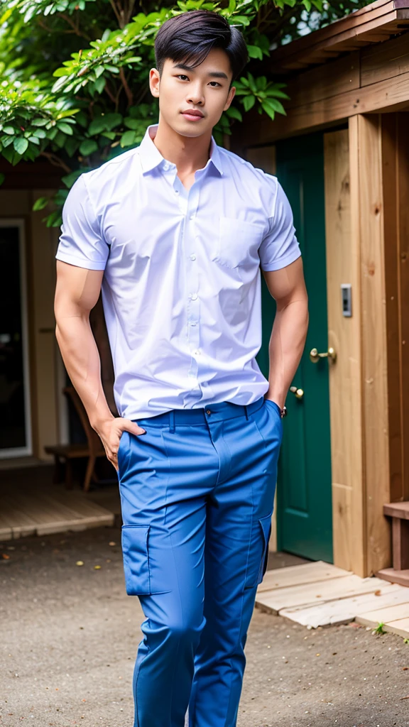 Masterpiece, best quality, High quality, วอลล์เปเปอร์ CG unity 8k ที่มีvery detailed, depth of field, HDR,,photorealistic,very detailed, 1 man sitting on a chair, Asia, black short hair, , (Thai , white shirt), blue cargo shorts, chest muscles, Big arm muscles, blood vessel, big muscles, Broad shoulders, looking at the audience, Balancing the eyes, (Make eye contact) (outside the building:1.3)