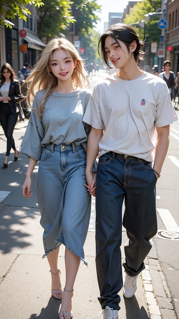 Please create an image of a stunning beauty who is half French and half Japanese. She has an exceptionally beautiful face, with striking blue eyes and long, straight blonde hair. She wears a cute dress and has a joyful smile, with the corners of her mouth turned up. The second person is a man with black hair and long bangs. He wears a T-shirt and denim. His expression is slightly bashful. The composition should depict both of them in full-body view, walking side by side. They appear to be having a conversation while walking together. Their eyes meet, and they share a happy laugh. The background is a university campus