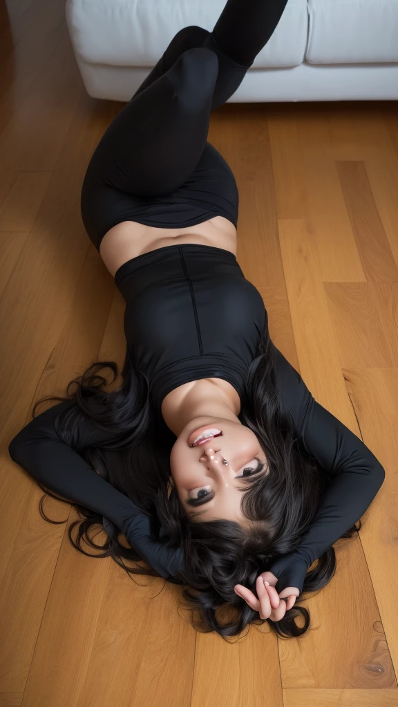 , full body, beautiful eyes, wavy brown hair, short red latex. Very small miniskirt below the hip, and very small, low-cut top, revealing the navel, tight to the body, expression of desire, (((Hyper tight clothing))), (she is on all fours sideways), ( Lying face down with hips raised),