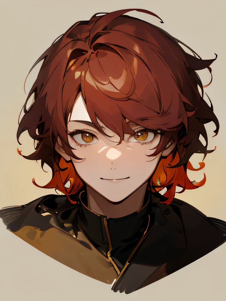 Man Messy red wavy short hair, stunning anime face portrait, looking to nothing, smile thinly, manly, bright warm GOLDEN YELLOW high detailed thin eyes, grayard grey background, high detailed shadow