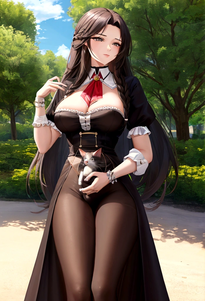 A woman, long hair, big chest, at the park,  playing with kitten, high quality, best detailed, ultra hd, 8k, master peace